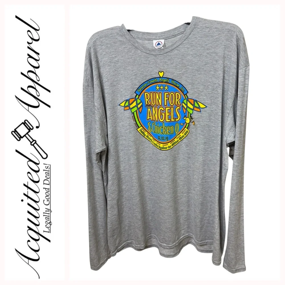 Run For Angels & Chicken Q 2/2/2019 Gray Long Sleeve Graphic Tee - Picture 1 of 12